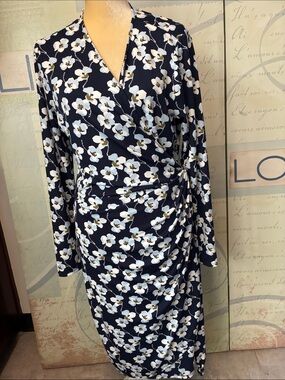 Floral Wrap-Style Navy Dress with White Blossom Print SZ XL Long Sleeves